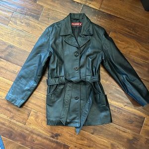 Genuine leather Women’s black PHASE 2 jacket. Buttons with tie around waist.